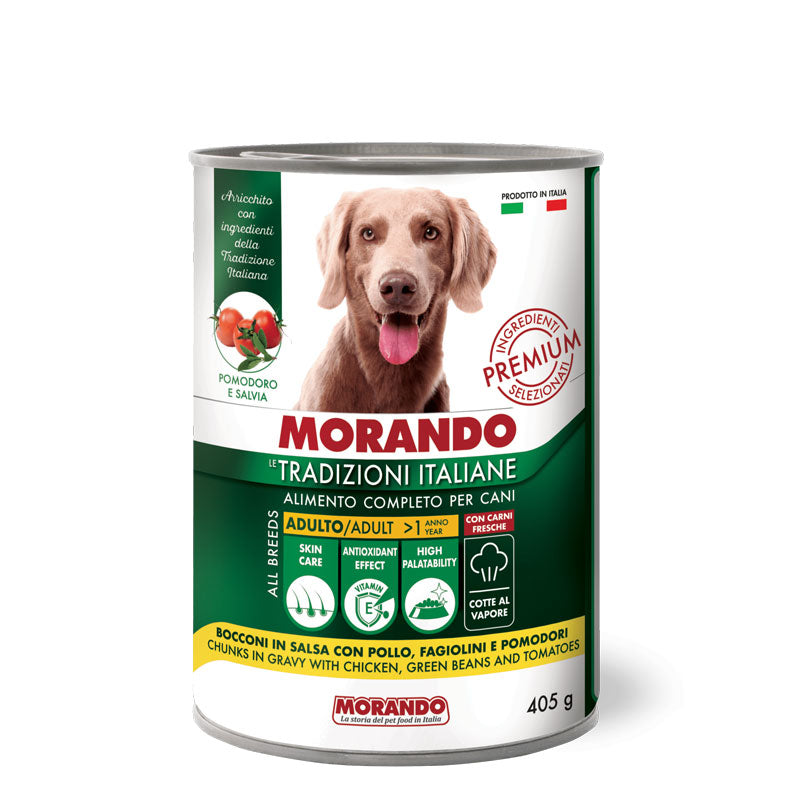 Morando - Le Trad. Italiane Dog Bocc. in Salsa con Pollo, Fagiolini e Pomodori gr.405